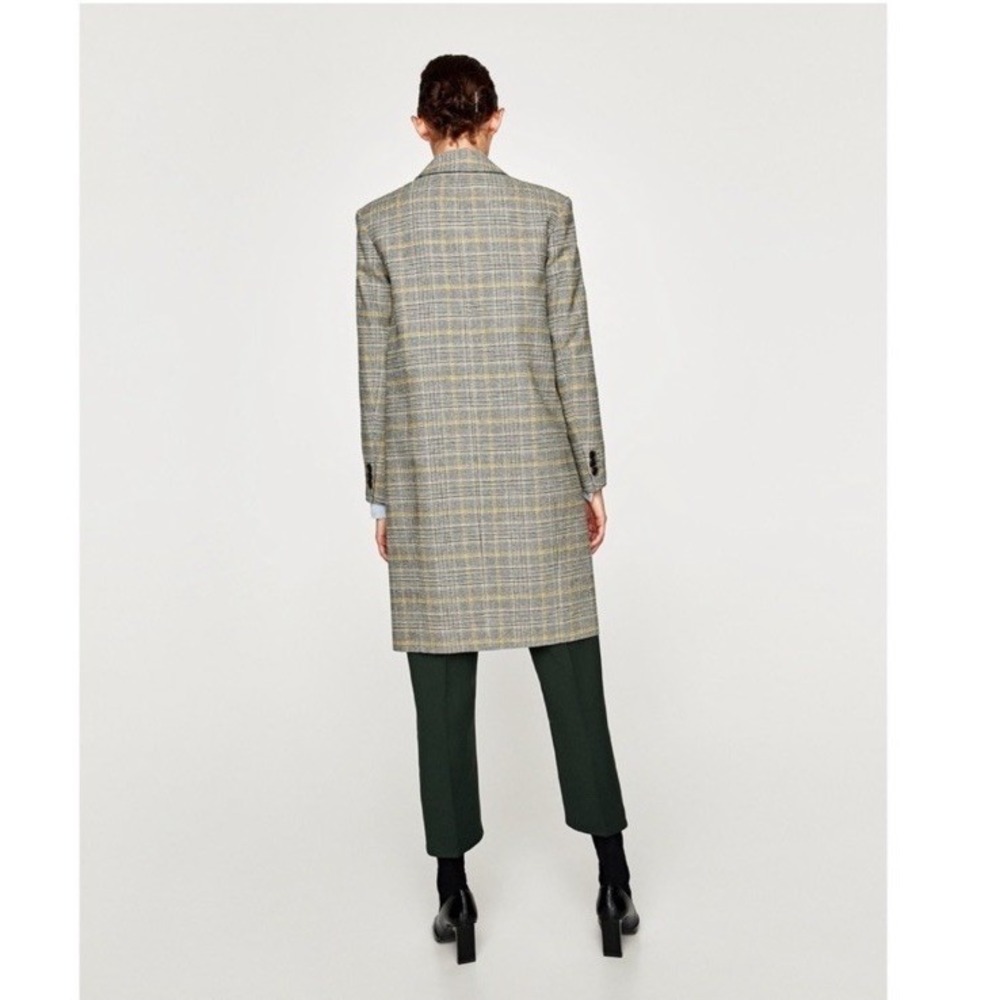 Zara Yellow grey check Checked Double Breasted Mid Length coat Size M - Picture 15 of 16